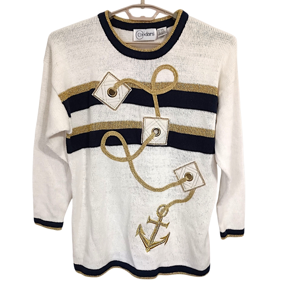 Vtg Cedars Nautical Sweater M Oversized Coastal Ramie Preppy Yacht Club Chunky - Picture 13 of 16